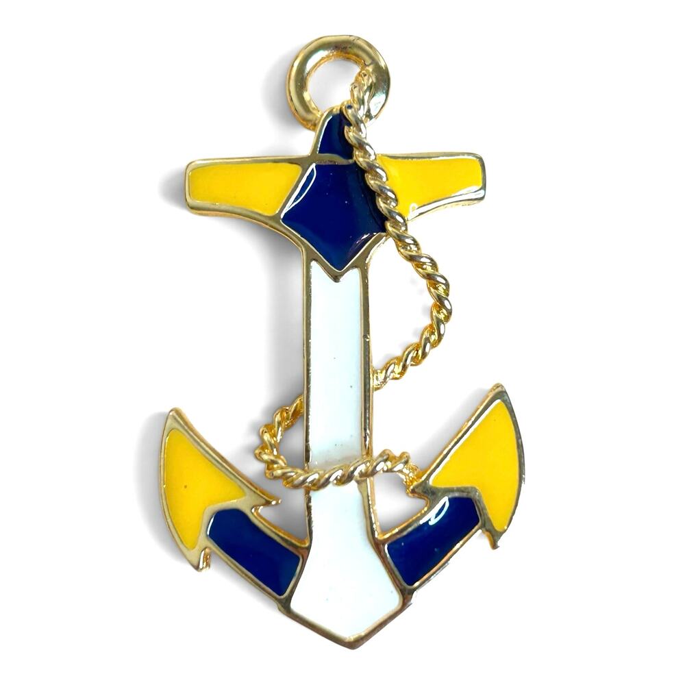 VTG Enamel Anchor Brooch Blue White Yellow Sailor Nautical Maritime Pin